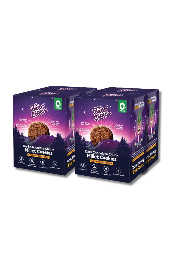 The Bettr Choice Millet Dark Chocolate Chunk Cookies - 100% Millets & Oats Blend, Jaggery Sweetened, No Maida, Gluten Free, No Added Refined Sugar, No Trans Fat, No Wheat | Healthy Snack - 4 Pack